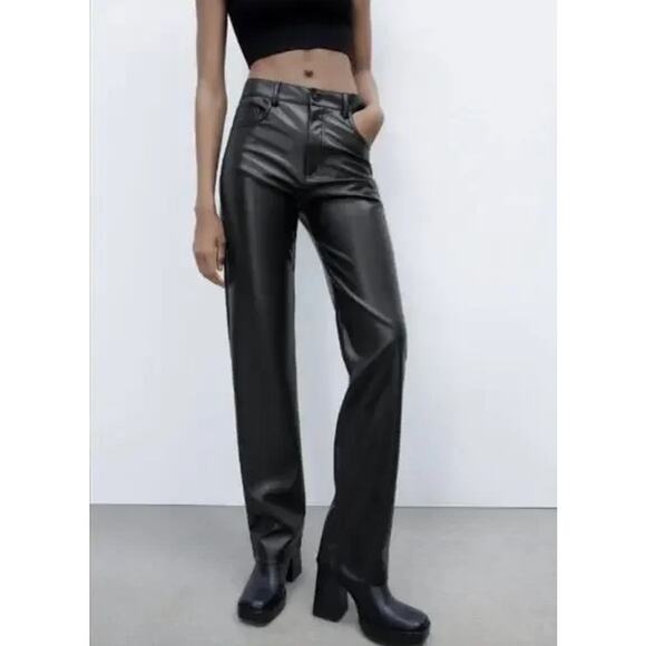 ZARA Faux Leather Straight Leg Trouser Pants Mid-Rise Black - Picture 1 of 11